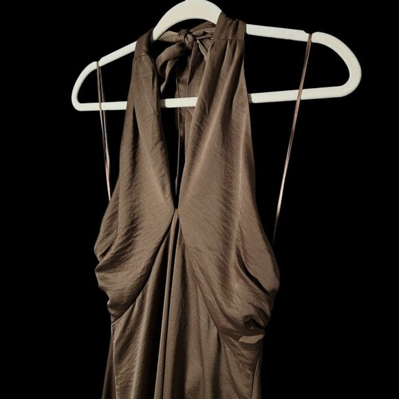 NWT House of Harlow 1960 Brown Elegant Evening Satin Maxi Halter Dress Medium - Picture 3 of 9